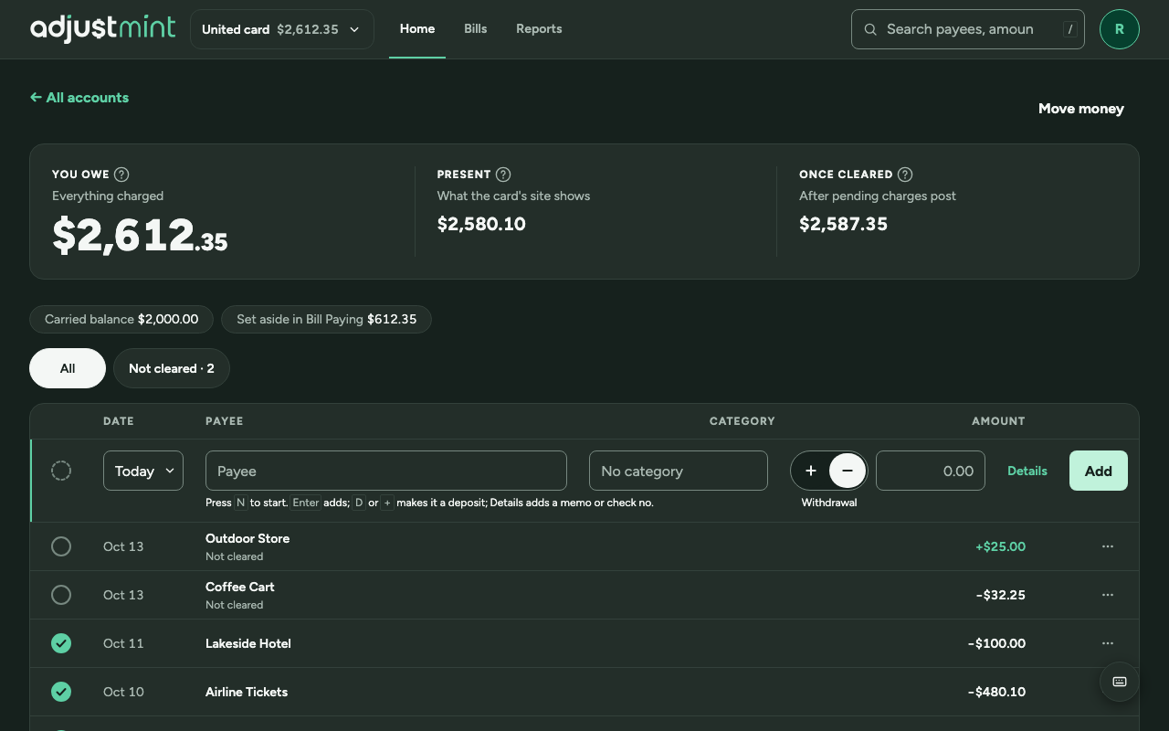 Credit cards as built, version 1.1.0: the card’s own page. wide, 1280px, dark