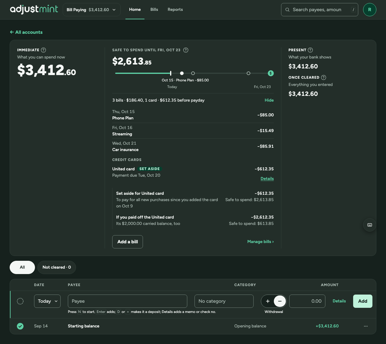 Credit cards as built, version 1.1.0: wide, 1280px, dark