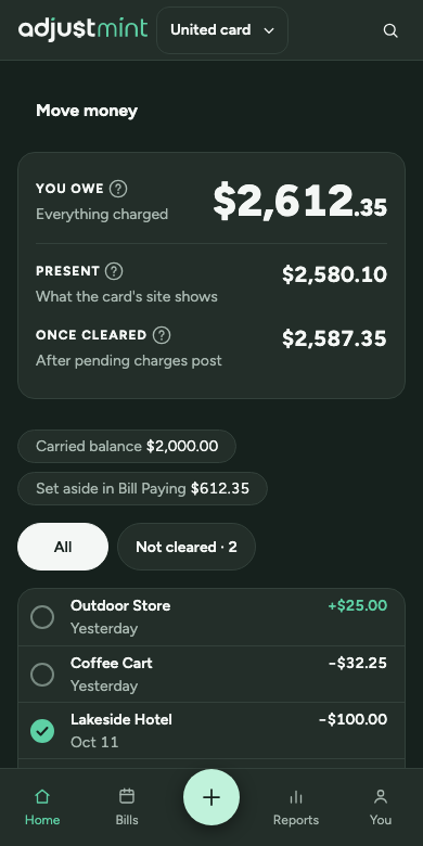 Credit cards as built, version 1.1.0: the card’s own page. phone, 390px, dark