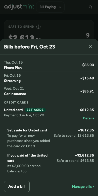 Credit cards as built, version 1.1.0: phone, 390px, dark